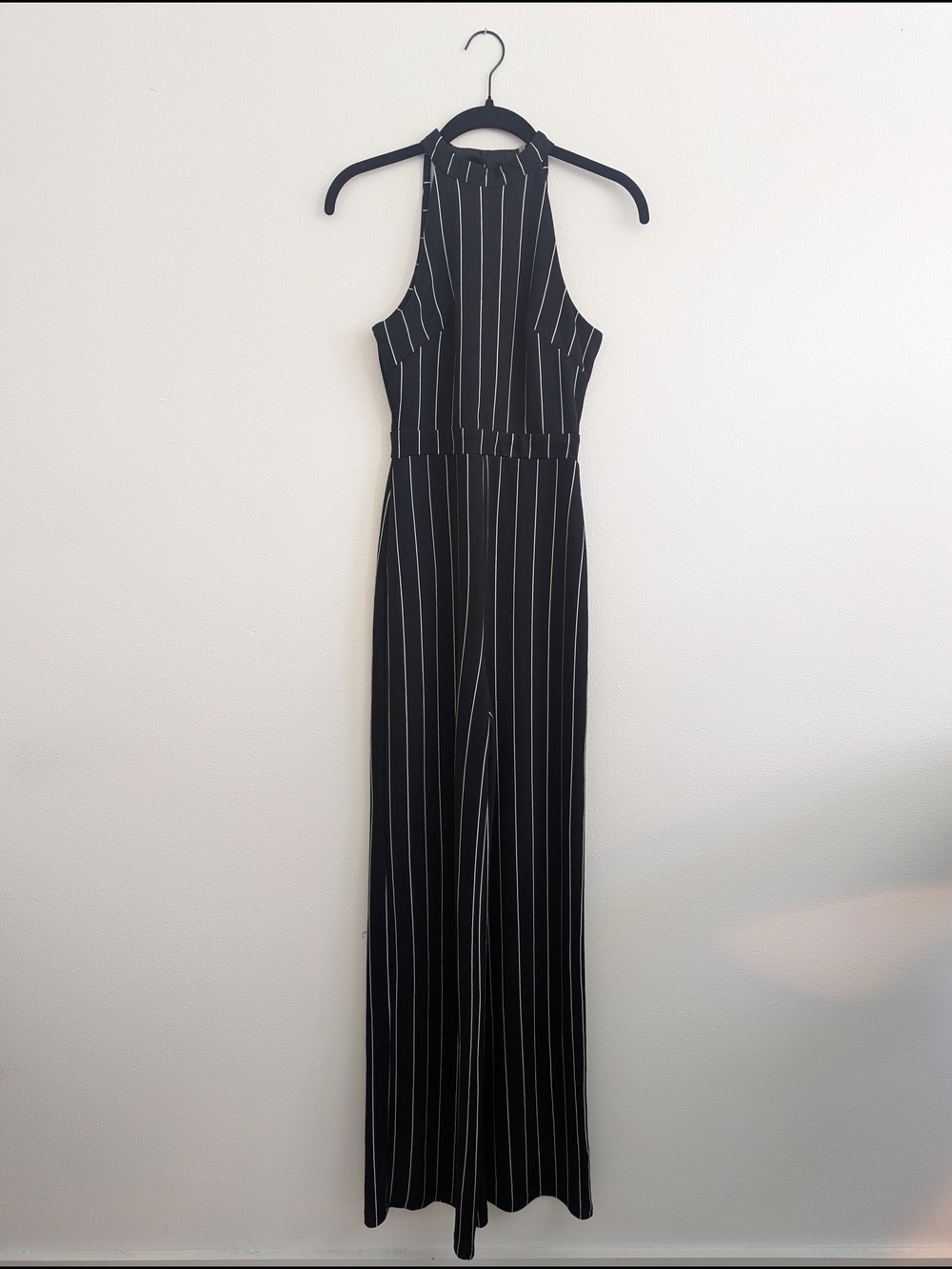 Soprano Chic Black Pinstripe Halter Jumpsuit Striped Fitted